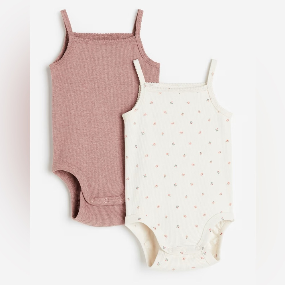 H&M Baby Organic Cotton Ribbed Bodysuit 2 Pack in Floral Cream & Dusty Pink